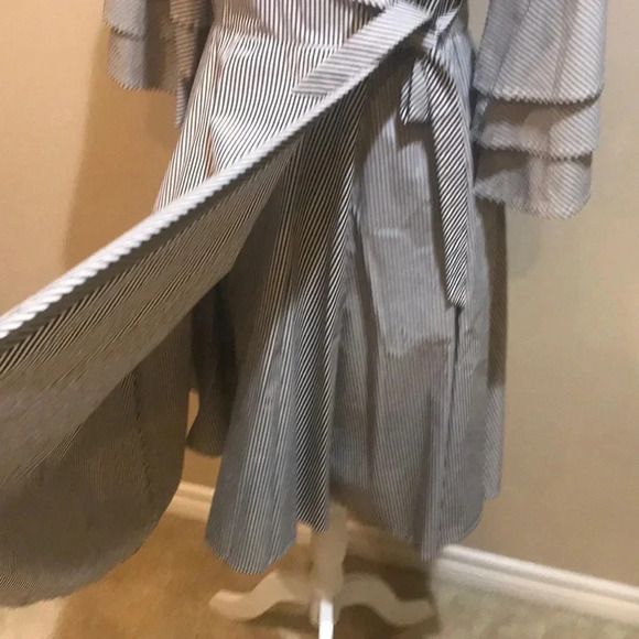 Calvin Klein Striped Wrap Midi Dress with Layered Bell Sleeves-Size 4 - Picture 6 of 11
